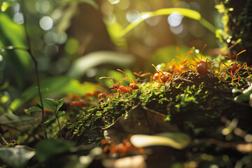 AI-generated illustration of ants on a mossy rock in a green forest setting - obrazy, fototapety, plakaty