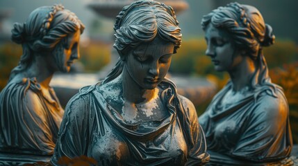 Obraz premium Three elegantly sculpted figures stand in a serene garden, each displaying intricate detail and expression, surrounded by lush greenery and gentle lighting during the golden hour