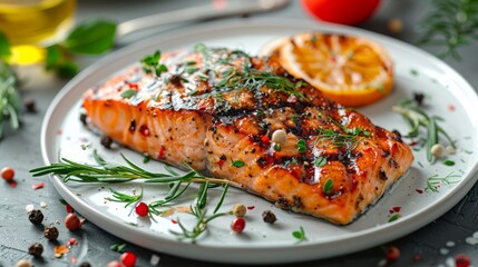 Grilled salmon fillet garnished with herbs and citrus served on a white plate with fresh spices and herbs in a cozy kitchen setting