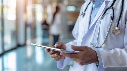 Medical Professional Using Tablet and Clipboard in Hospital Setting