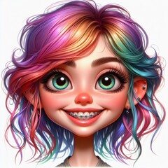 AI generated illustration of a 3d-rendered caricature of a joyful female character with pink curls