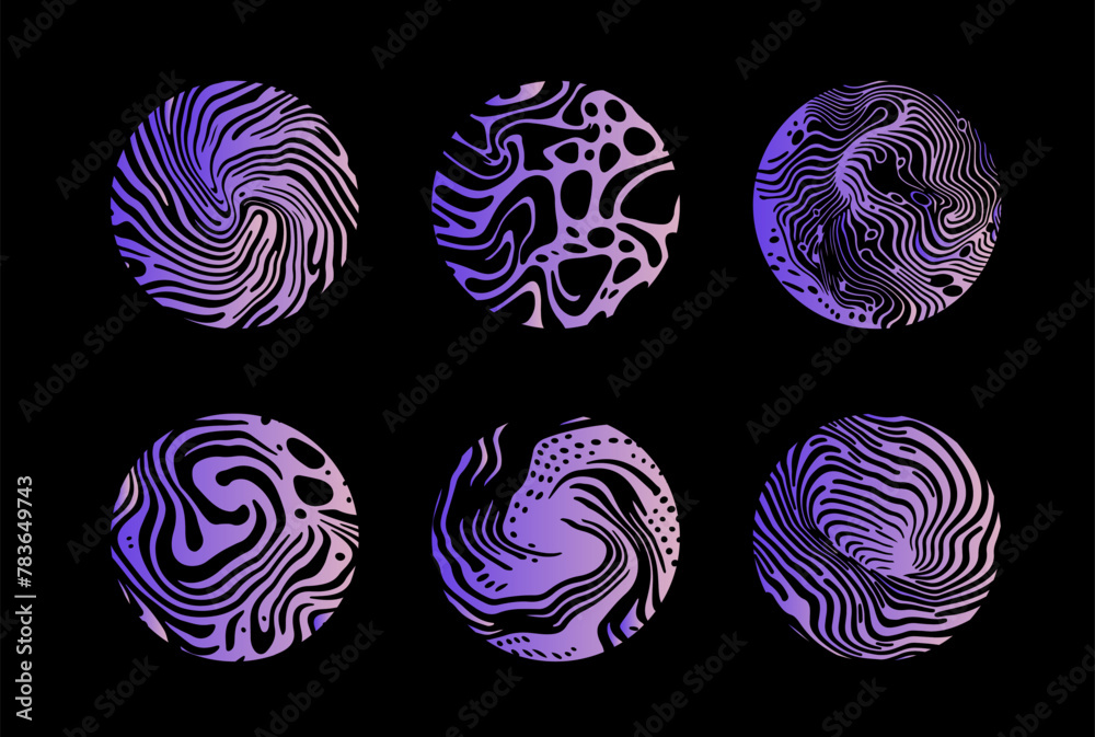 Poster Set of different shapes with psychedelic trippy pattern resembling ink blots and stains. Perfect for science and technology subject illustrations.
