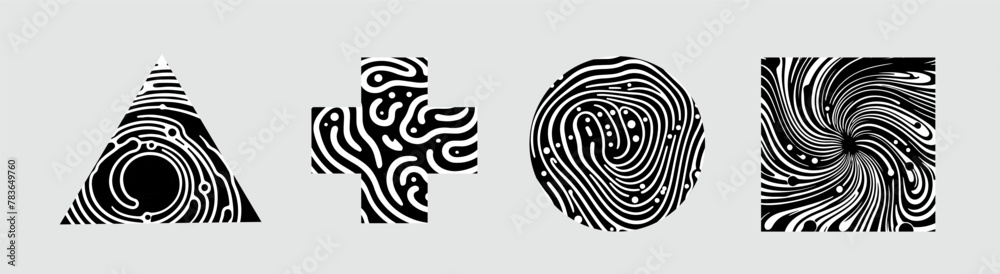 Fototapete set of different shapes with psychedelic trippy pattern resembling ink blots and stains.