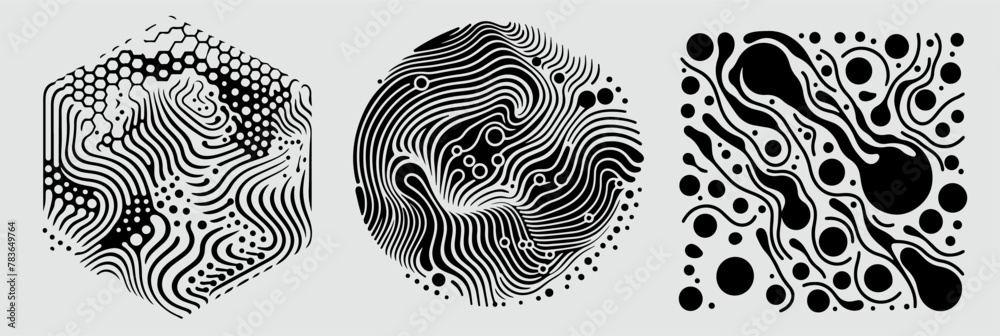 Poster Set of different shapes with psychedelic trippy pattern resembling ink blots and stains.