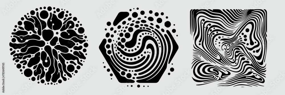 Poster Set of different shapes with psychedelic trippy pattern resembling ink blots and stains.
