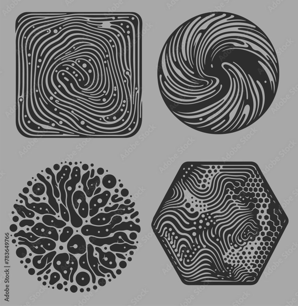 Fototapete Set of different shapes with psychedelic trippy pattern resembling ink blots and stains.