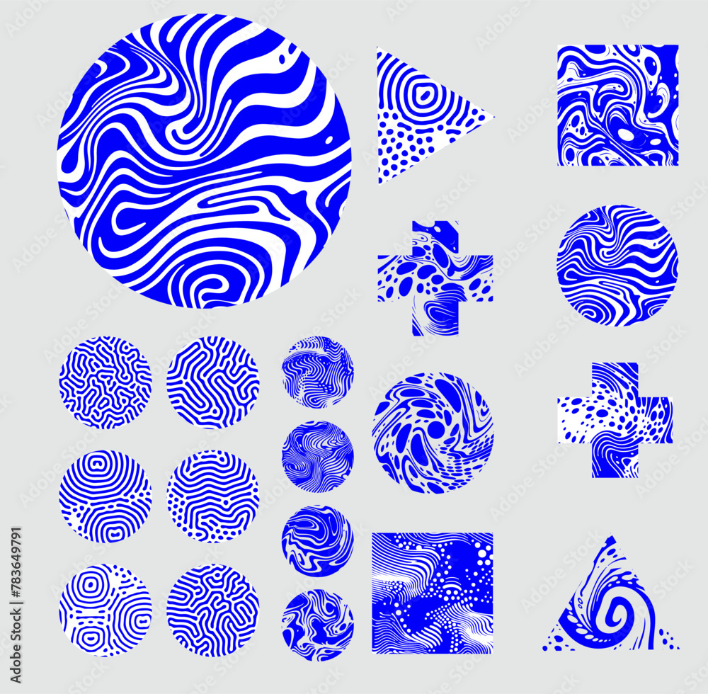 Poster Set of different shapes with psychedelic trippy pattern resembling ink blots and stains. Perfect for science and technology subject illustrations.