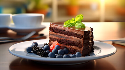  A slice of chocolate cake sits on a table with a cup of coffee in the background.  Chocolate cake on a plate with berries. A delicious dessert for the holiday. Sweet raspberry pie. Rays of light. 
