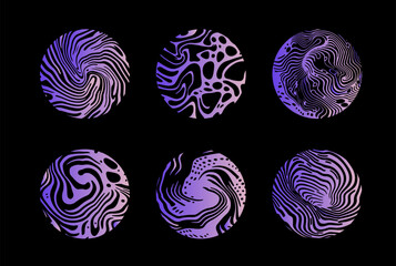 Set of different shapes with psychedelic trippy pattern resembling ink blots and stains. Perfect for science and technology subject illustrations. - 783649743