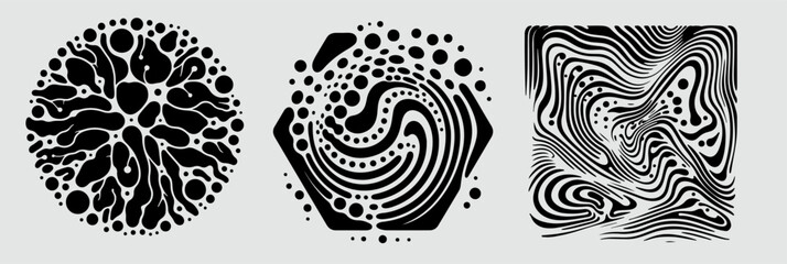 Set of different shapes with psychedelic trippy pattern resembling ink blots and stains.