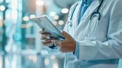 Medical Professional Using Tablet and Clipboard in Hospital Setting