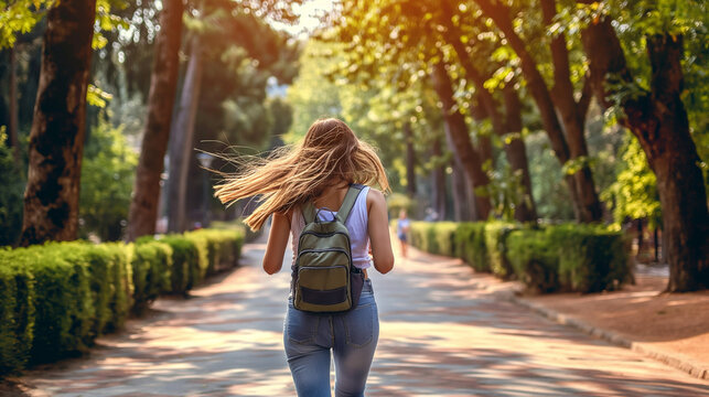 Title: "Summer Park Run"

Art Description: A young woman running joyfully in a sunny park, dressed in jeans and tank top with a backpack, her long hair flowing in the wind.
