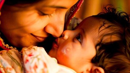 Naklejka premium A mother's tired yet joyful eyes meet her baby's for the first time, a gaze that speaks volumes of love, hope, and dreams.