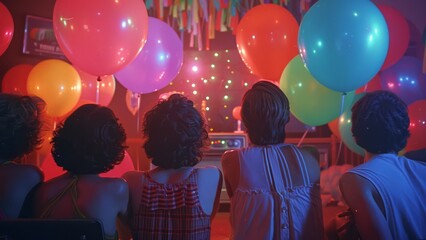 Group of people with balloons on the retro party