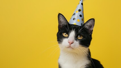 portrait of a cat in a party hat on a yellow background