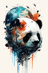 Panda Bear Design In Watercolor Style. Wildlife Bear In Nature.