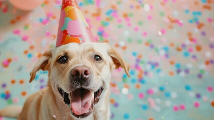 Happy labrador in a party hat sitting on a festive cofetti background