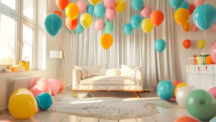 A light and cozy living room decorated with colorful balloons for a birthday party