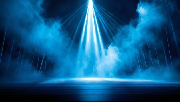 Spotlight Symphony: Blue Stage Amidst Smoke