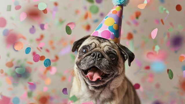 Funny and happy pug in a party hat with confetti flying around
