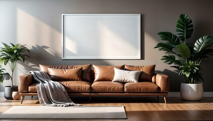 Mockup of a Frame in ISO A Paper Size. Poster Display on Living Room Wall. Mockup Featuring Interior with Home Setting. Contemporary Interior Styling. 3D Visualization.