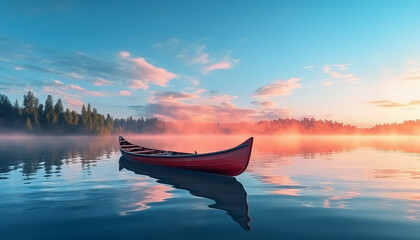 A red canoe sits in a lake at sunset