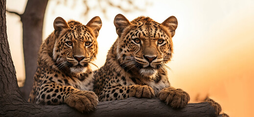 a close up of a leopard on a tree branch with leaves in the foreground and a bright light in the background. ai generative .