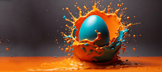 Easter Egg With Colorful Paint Splash Explosion Isolated On orange  Background - Generative AI
