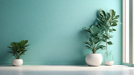 Modern style empty blue room with wood laminate floor window sun light effect with a green plant next to a dark luxurious curtain on the left and white door on the right. 3d illustration. generative a