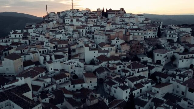 Aerial video of the white buildings on the rocky mountains, Comares , Spain
