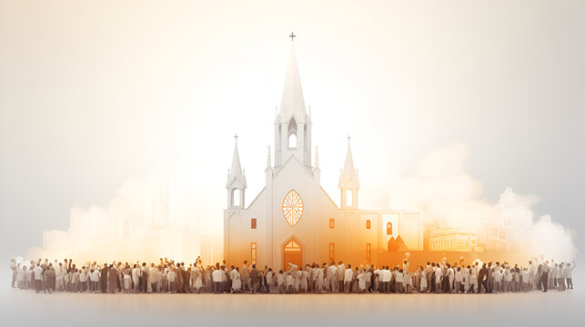  Watercolor painting of a little church in a big City on white transparent background   
