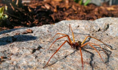 Close-up shot of a long-legged spider on a rock - obrazy, fototapety, plakaty