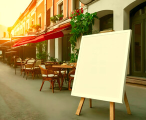 Menu offerings. white chalkboard is propped up on a wooden stand in front of summer cafe. Outdoor empty restaurant terrace with potted plants tables and chairs. european exterior. mockup frame mock up
