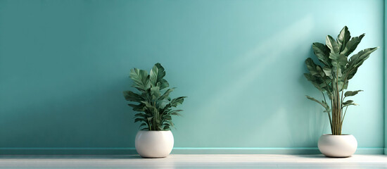 Modern style empty blue room with wood laminate floor window sun light effect with a green plant next to a dark luxurious curtain on the left and white door on the right. 3d illustration. generative a - obrazy, fototapety, plakaty