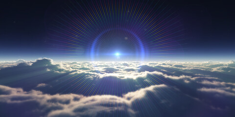 dream fly above clouds ray light
