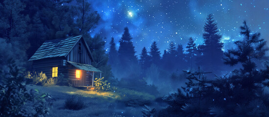 Night landscape with a starry sky and a small cabin in the forest - obrazy, fototapety, plakaty