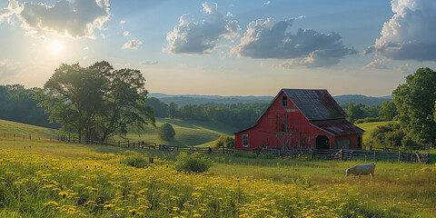 house in the mountains, A image of a rural farmland landscape with rolling fields, barns, and grazing livestock, capturing the beauty of agricultural lifer