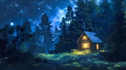 Night landscape with a starry sky and a small cabin in the forest - 783652585