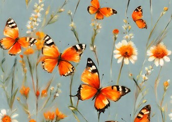 Butterflies fly over a flower field