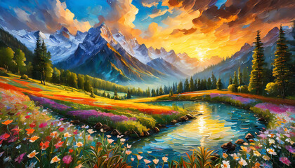 Oil painting of beautiful natural landscape with mountains. Sky with sun and clouds. Blooming nature