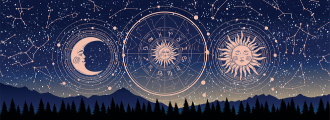 Mystical astrology banner, wheel with zodiac signs on the background of a night landscape, esoteric fortune telling poster. Vector illustration.