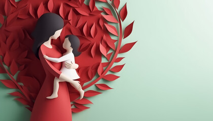 A woman holding a child in a paper flower design