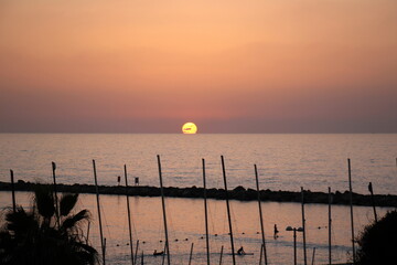 Lighting and color of the sky above the horizon at sunset.