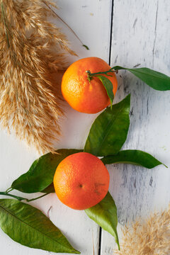 Top view of fresh, juicy oranges on a white painted wooden surface