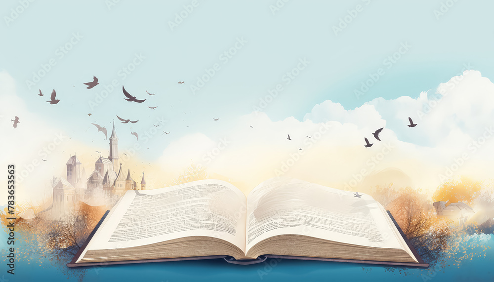 Wall mural A book is open to a page with a castle and birds flying around it