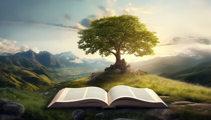 A book is open to a page with a tree on it