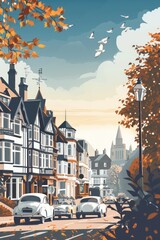 Vintage Travel Poster city ​​street old houses retro cars Summer holidays, vacation illustration