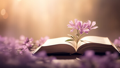 A flower is on the pages of an open book