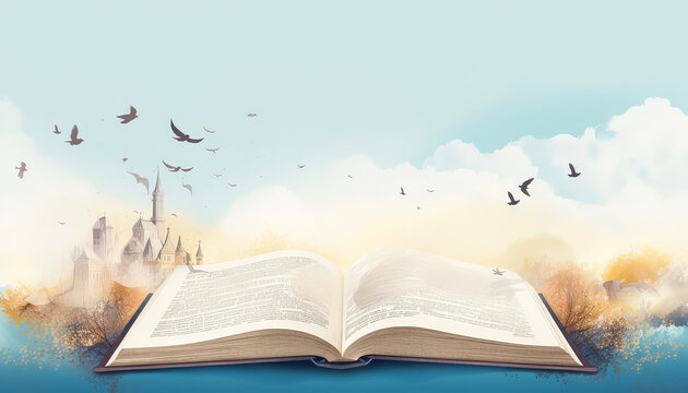 A book is open to a page with a castle and birds flying around it