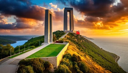 Martyrs Monument, 1915 first World War I. Çanakkale Gallipoli peninsula. Turkish flag 